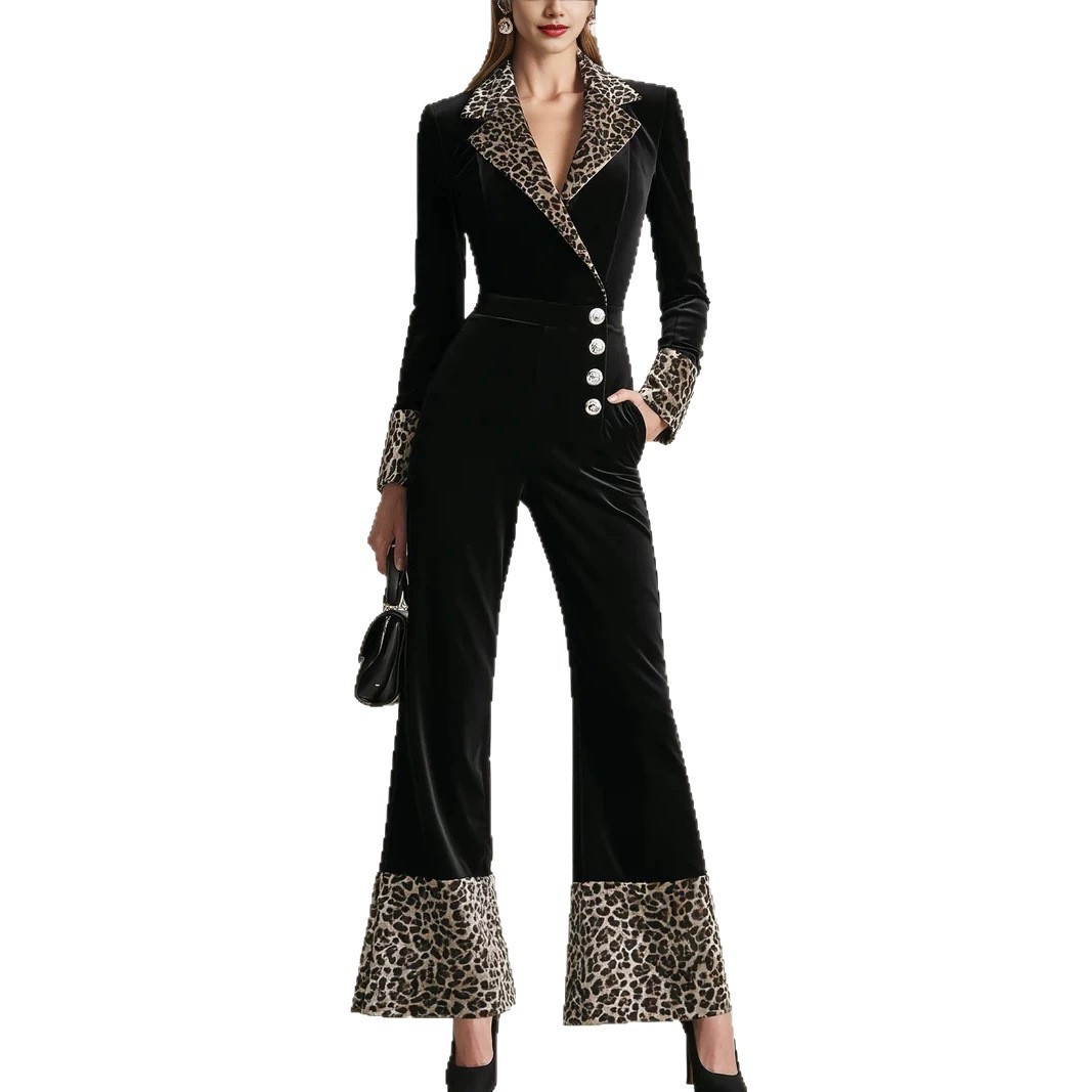 Leopard Print Long Sleeve Long Pants Jumpsuit