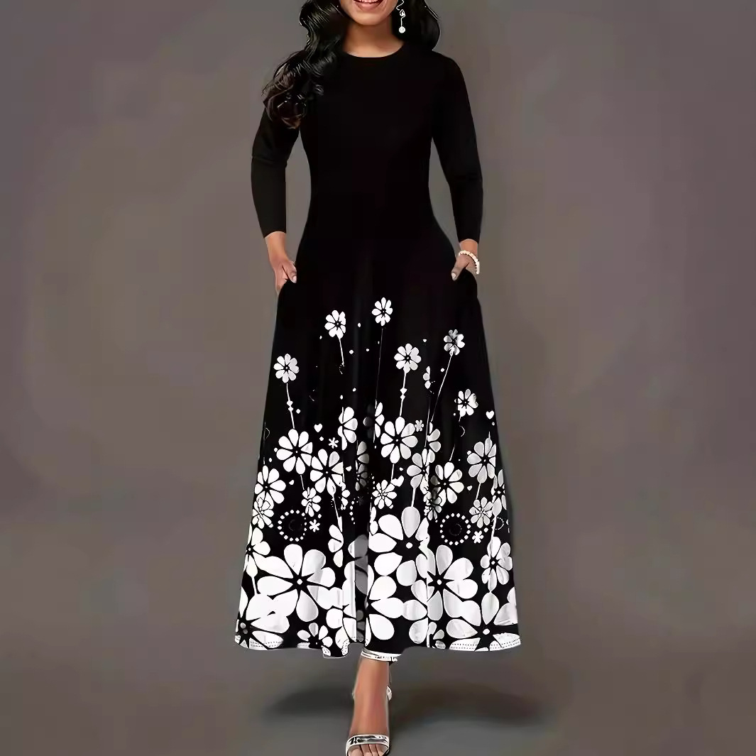 Women's Long Sleeve Printed Loose Round Neck Pleated Midi Dress