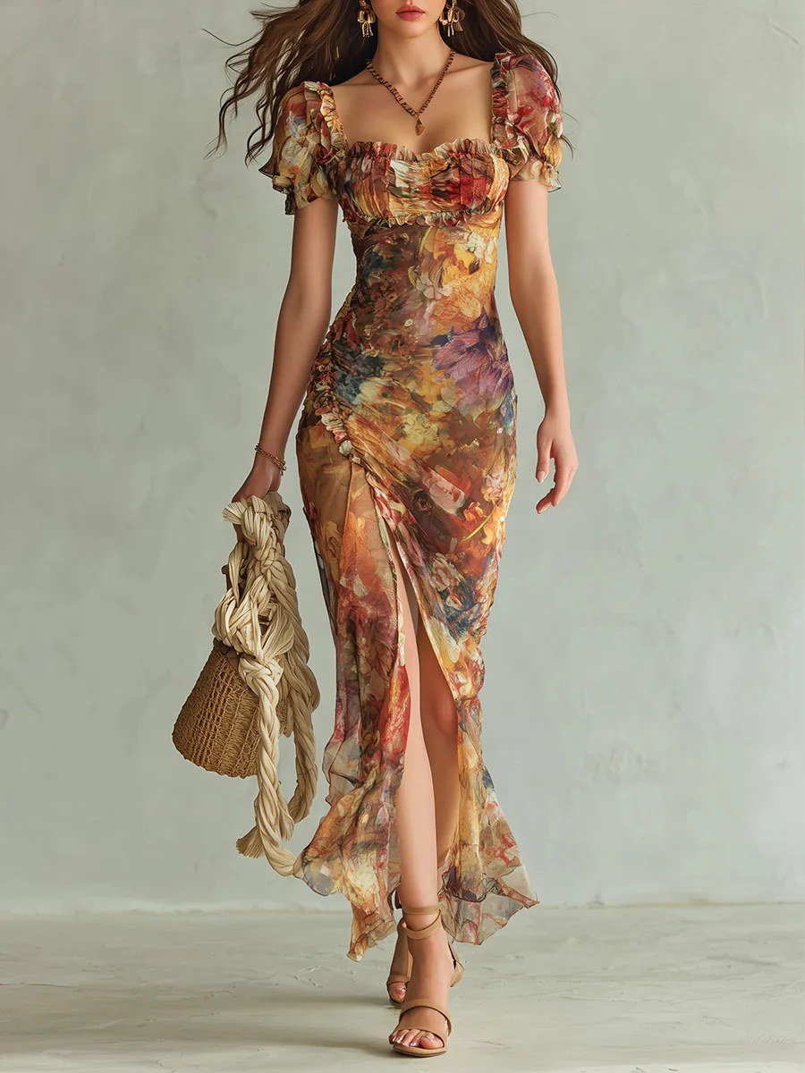 V-Neck Waist-Cinched Ruffle Midi Dress
