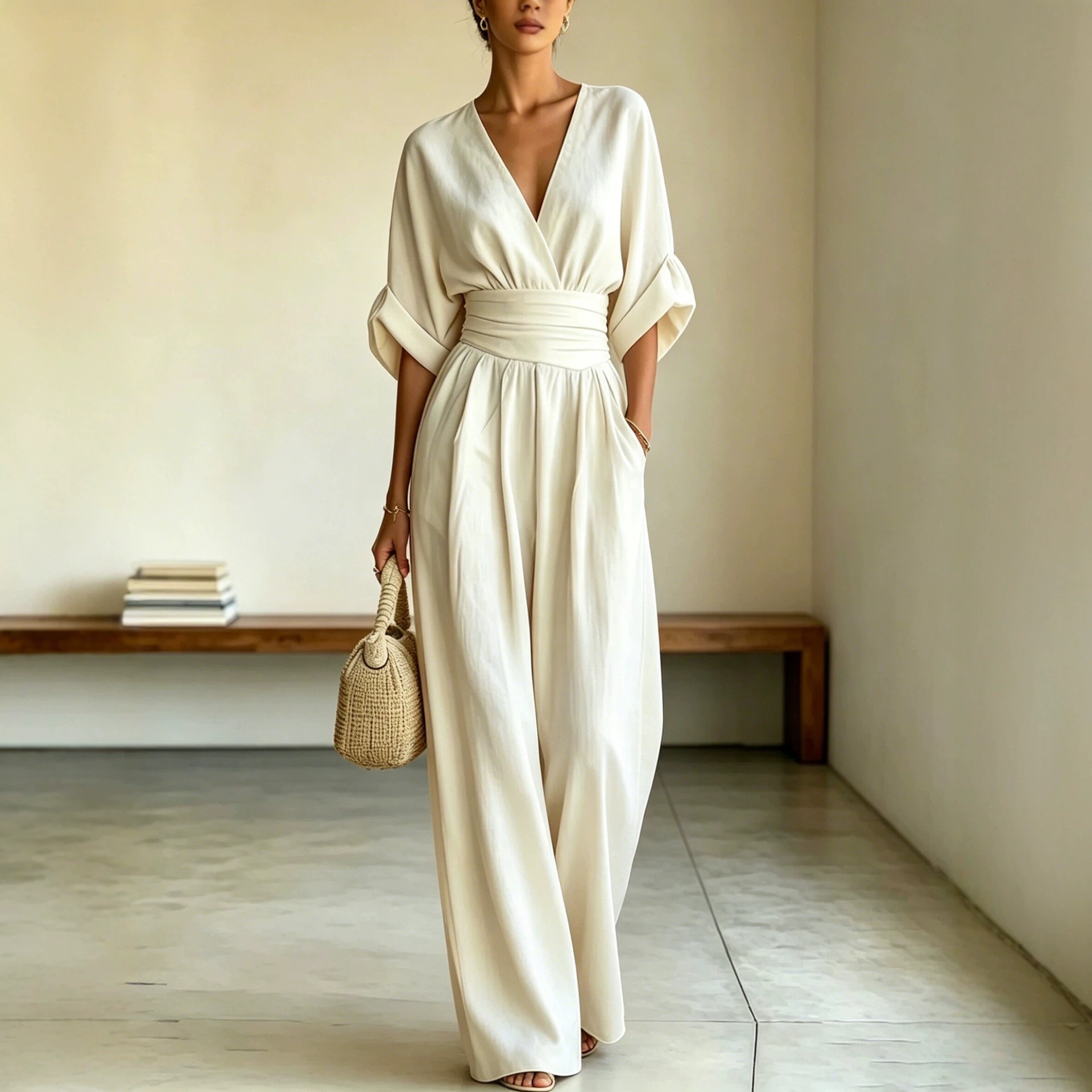 V-Neck Cinched Waist Rolled Sleeve Wide-Leg Jumpsuit