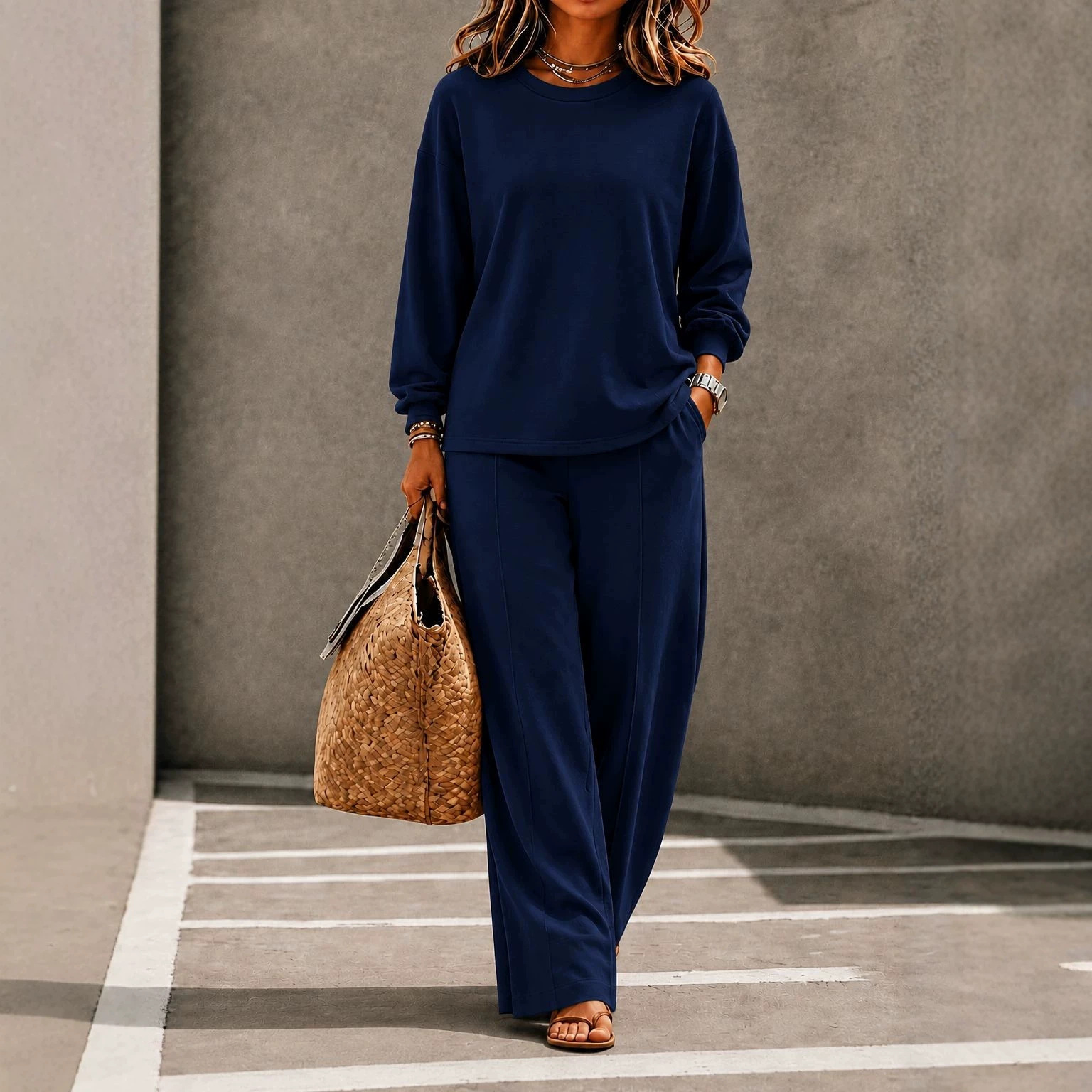 Women's Knit Crewneck Long-Sleeve Top & Wide-Leg Pants Set