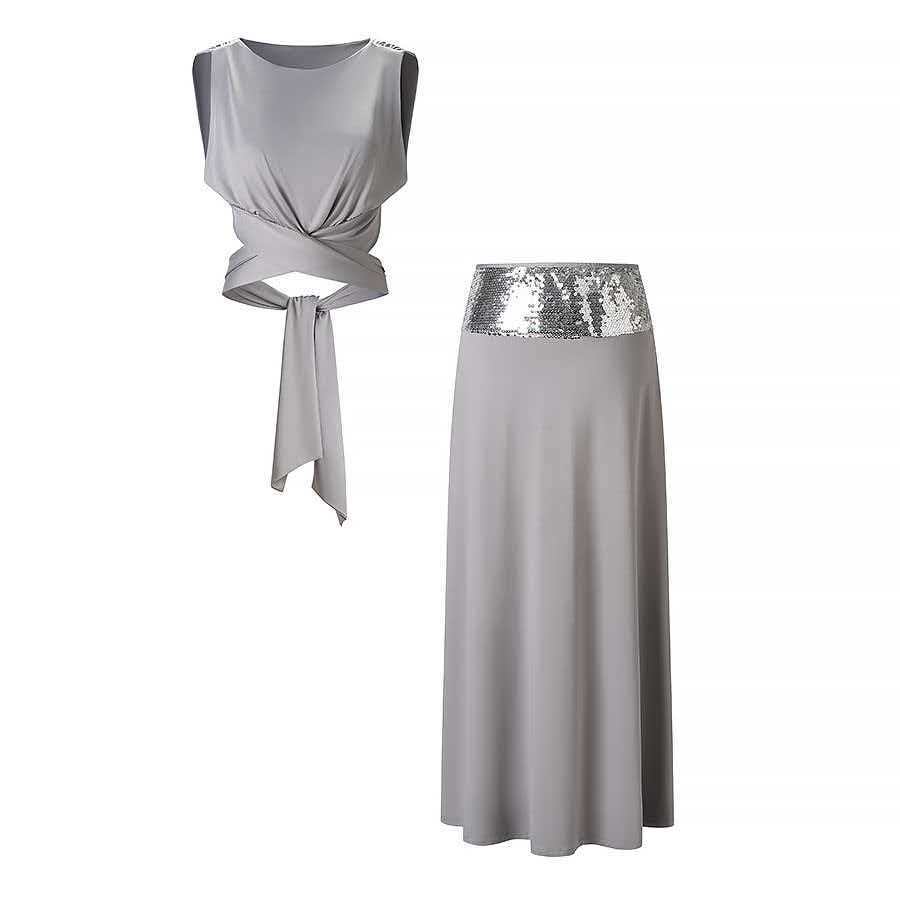 Women's Sleeveless Tie Top and Sequin Waist Long Skirt Two-Piece Set