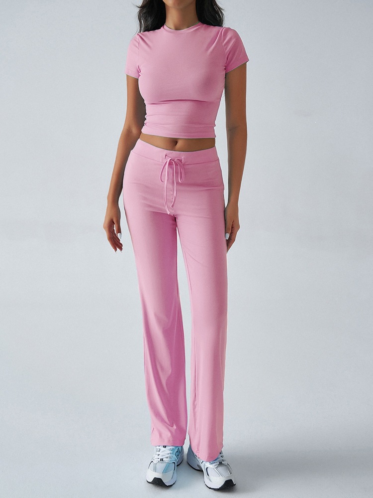 Women's Solid Color Crewneck Short Sleeve Top and Long Pants Casual Set