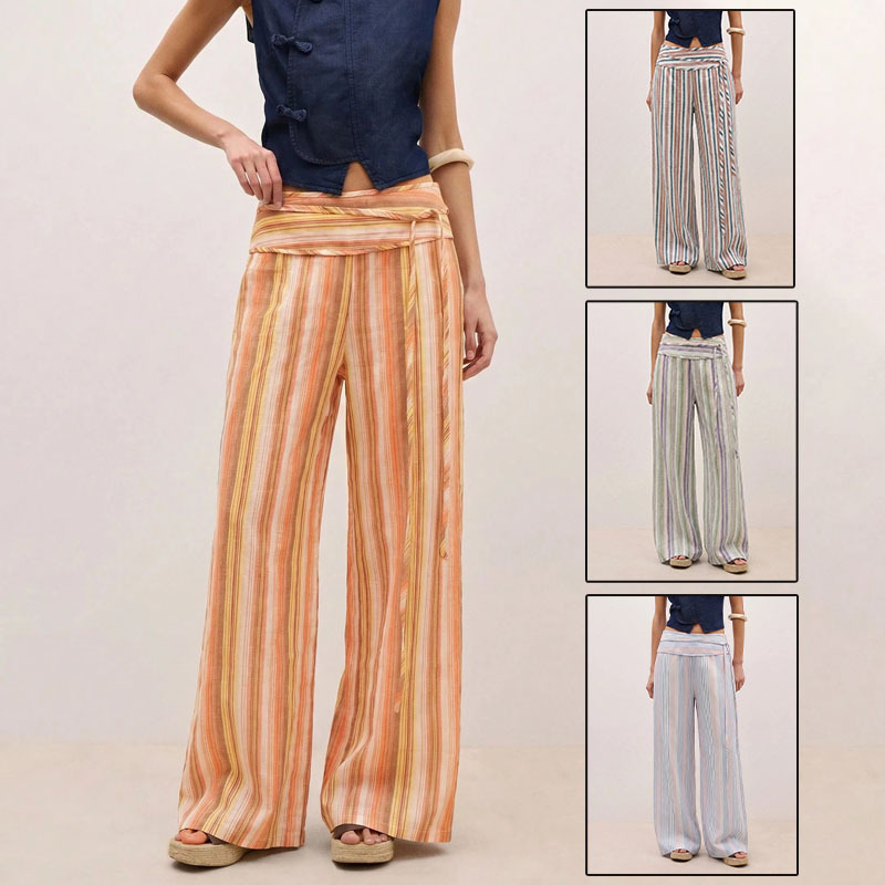 Striped High-Waist Tie-Front Wide-Leg Pants