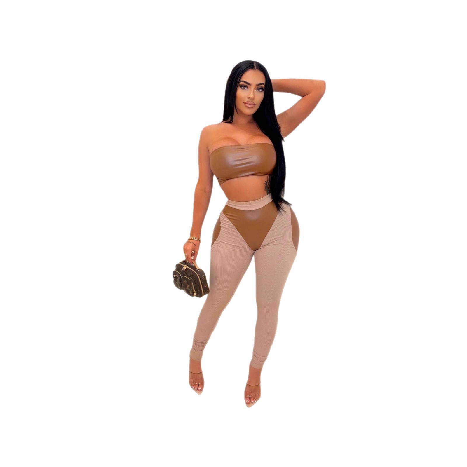 Women's Sexy Colorblock Two-Piece Set Tube Top PU Leather Pants Slim Fit