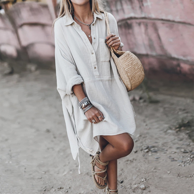 Women's Casual Loose V-Neck Midi Shirt Dress Cotton-Linen Blend