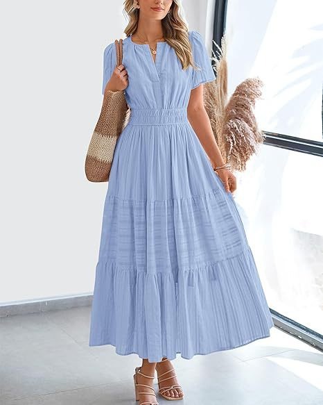 V-Neck Ruched Bubble Sleeve Tiered Maxi Dress
