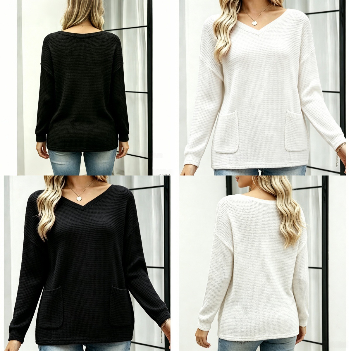 Women's V-Neck Knit Sweater with Pockets Loose Fit Pullover Top