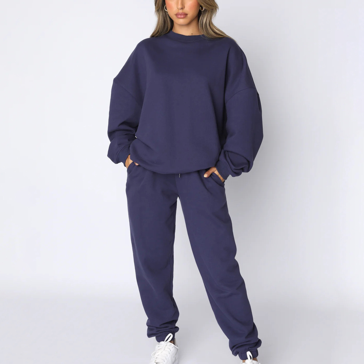 Women's Solid Color Crewneck Long Sleeve Sweatshirt and Pants Set