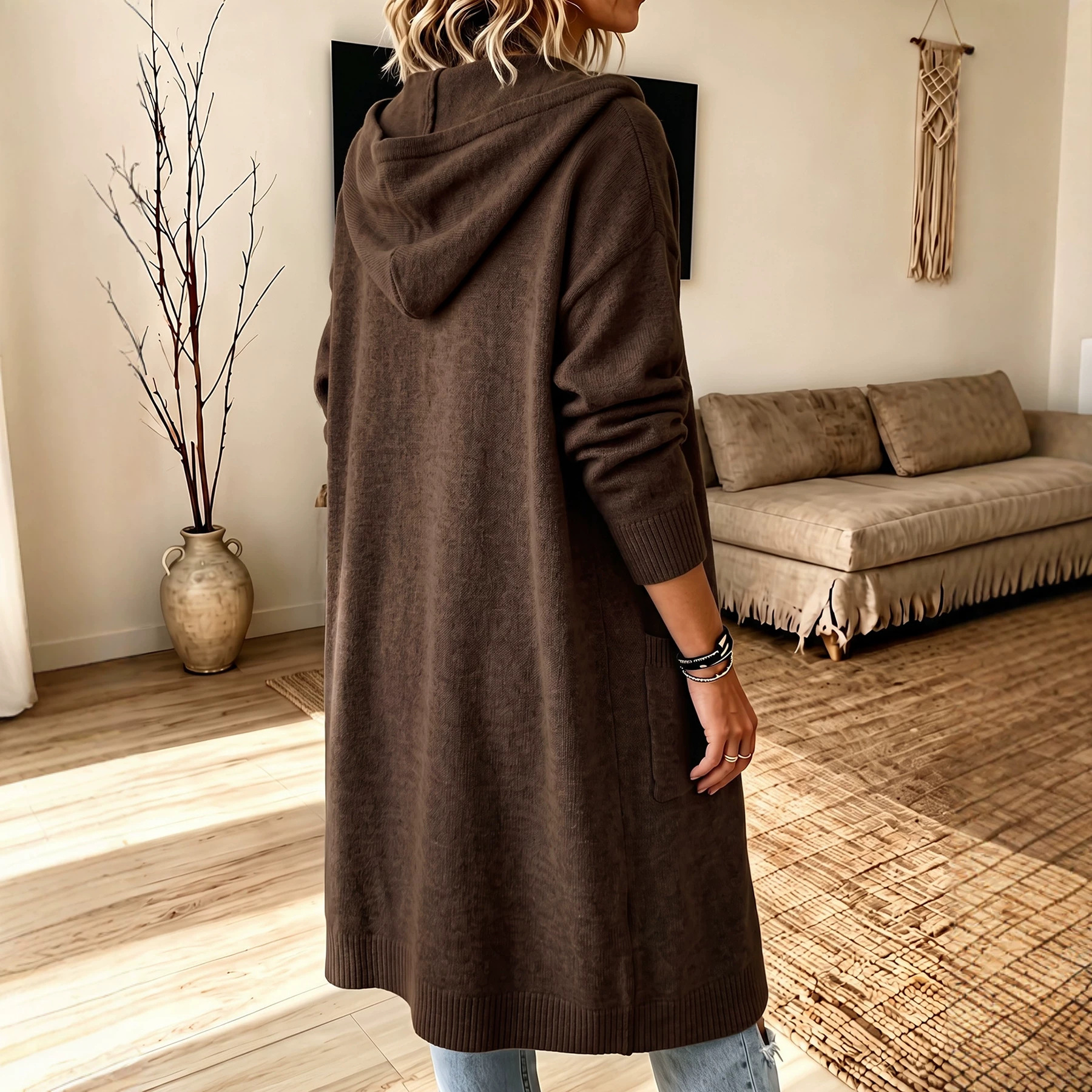 Women's Solid Hooded Knit Cardigan Drawstring Button Pockets Loose Long Sleeve Soft