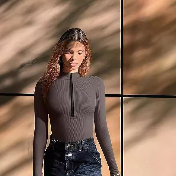 Women's Ribbed Long Sleeve Front Zip Bodysuit