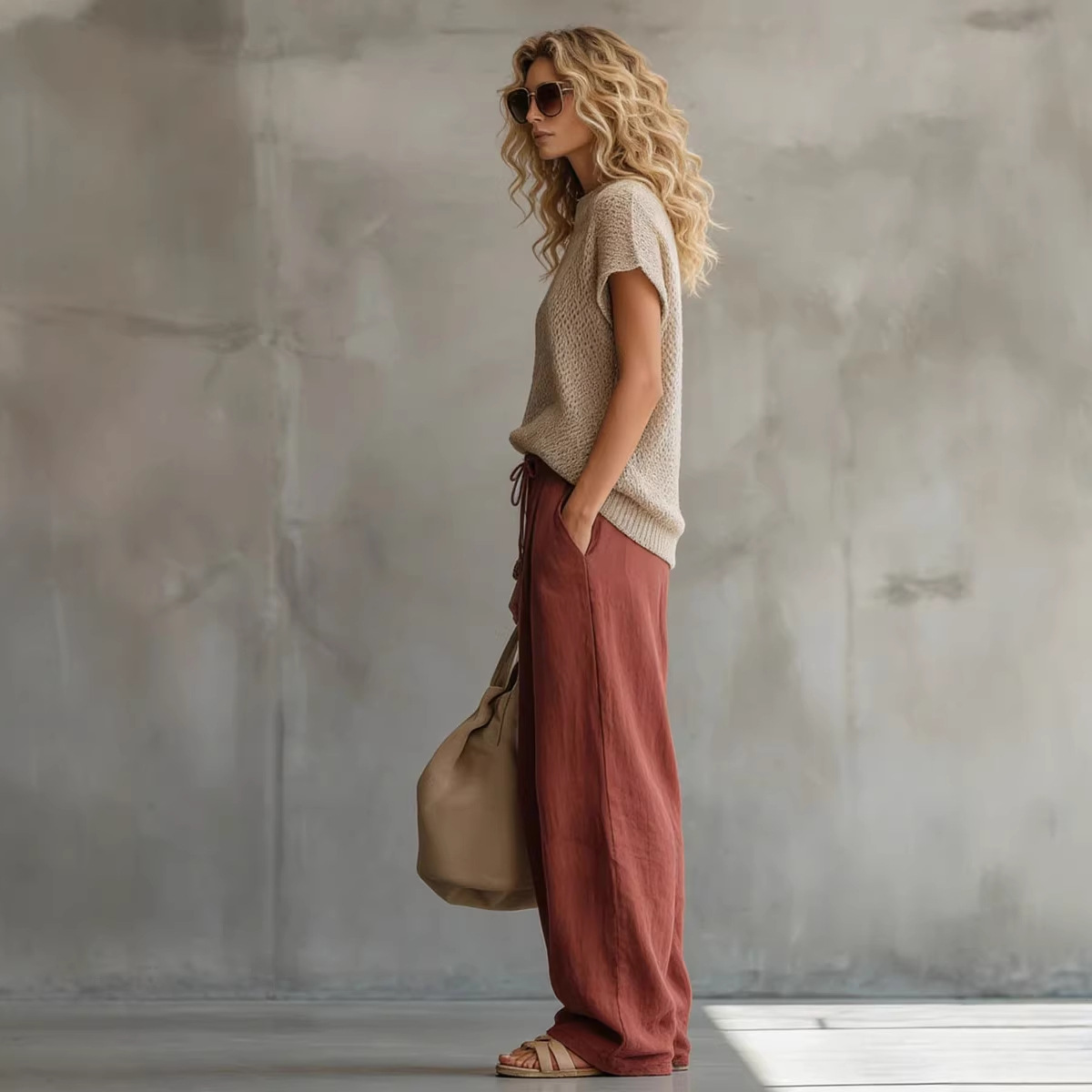 Women's Retro Short-Sleeve Knit Top & Brick Red Cotton-Linen Wide-Leg Pants Set