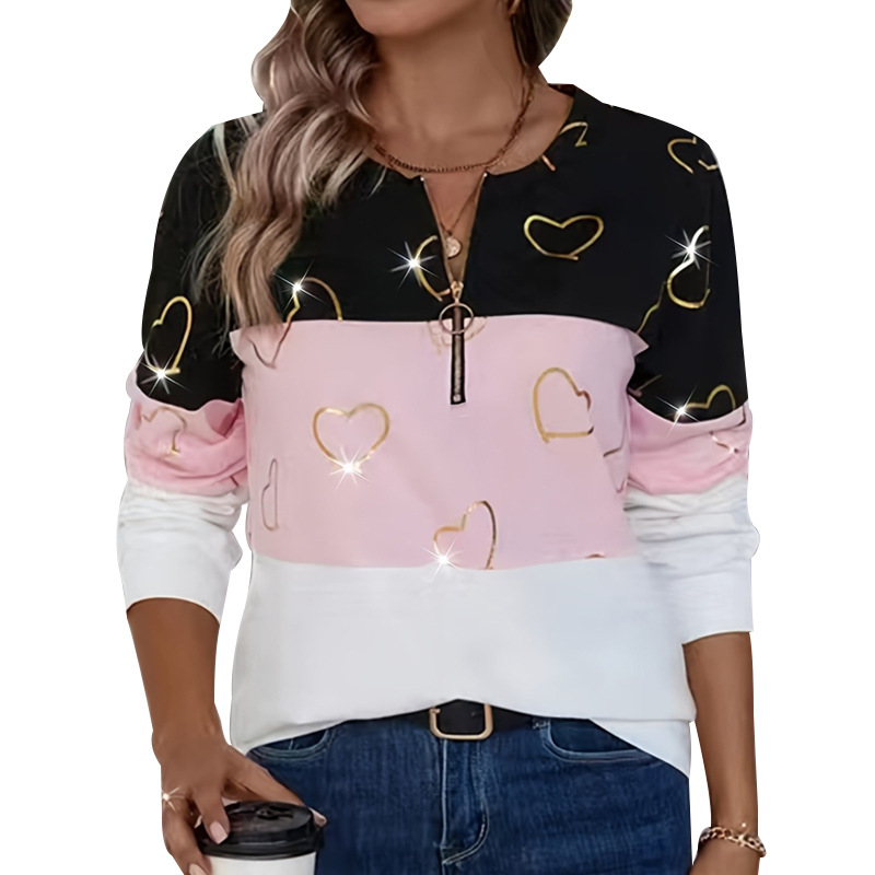 Colorblock Heart Print Crewneck Long Sleeve Sweatshirt