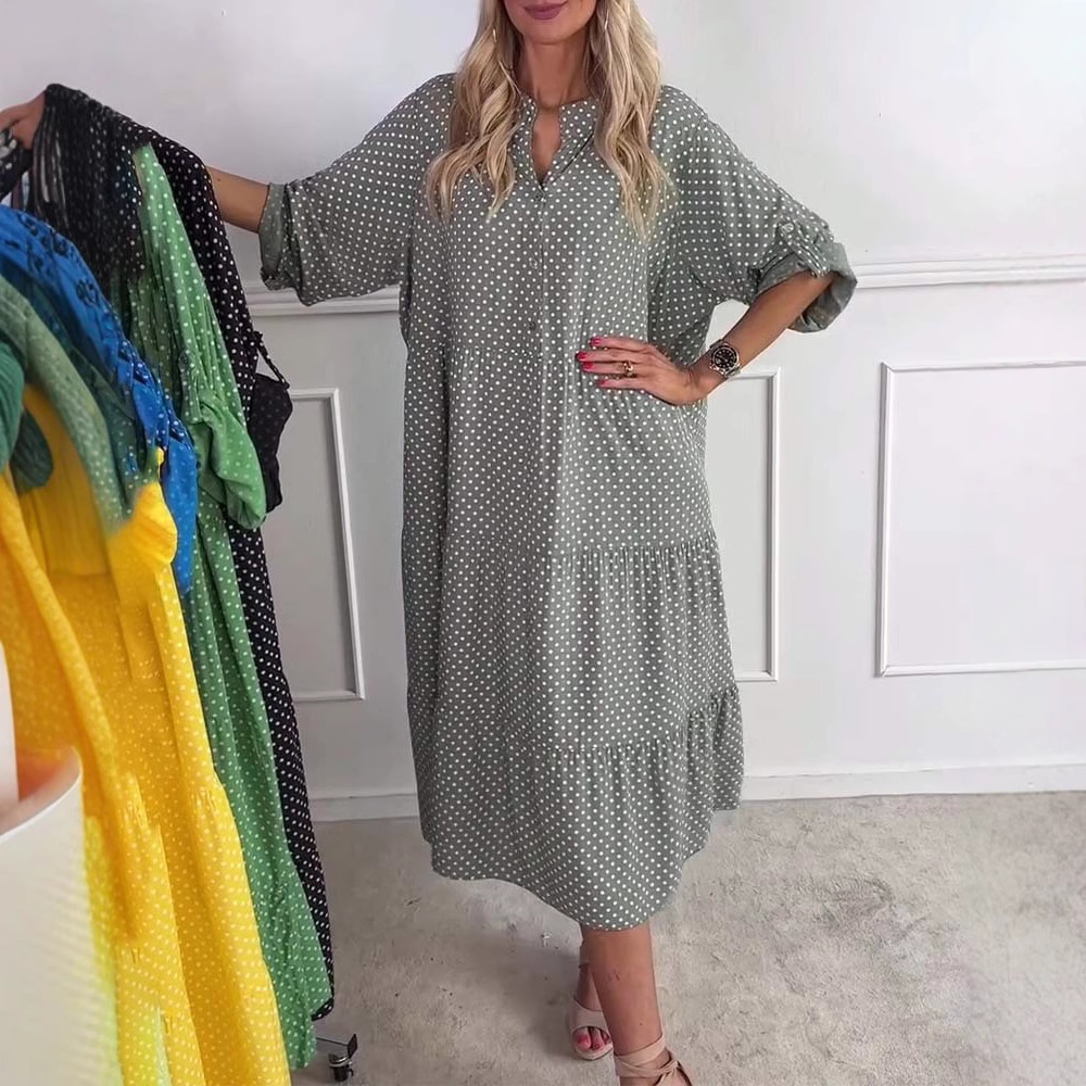 Polka Dot Button Down Loose Dress with Stand Collar