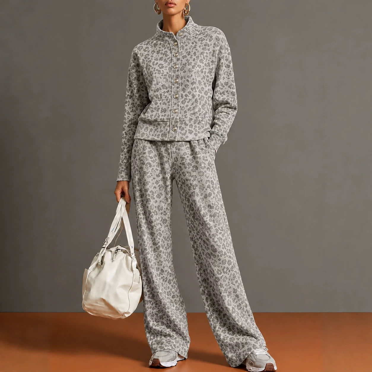 2026 Fall/Winter European and American Cross-Border Women's Vintage Leopard Print Stand Collar Single-Breasted Jacket Wide-Leg Pants Casual Set for Women