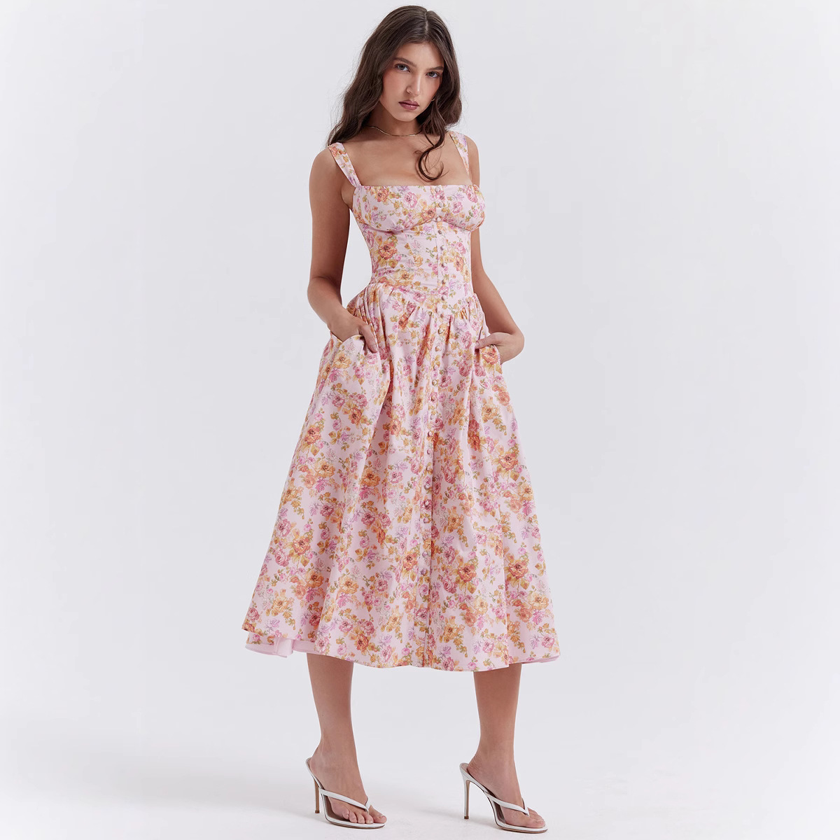 Women's Sleeveless Floral Print A-Line Midi Dress