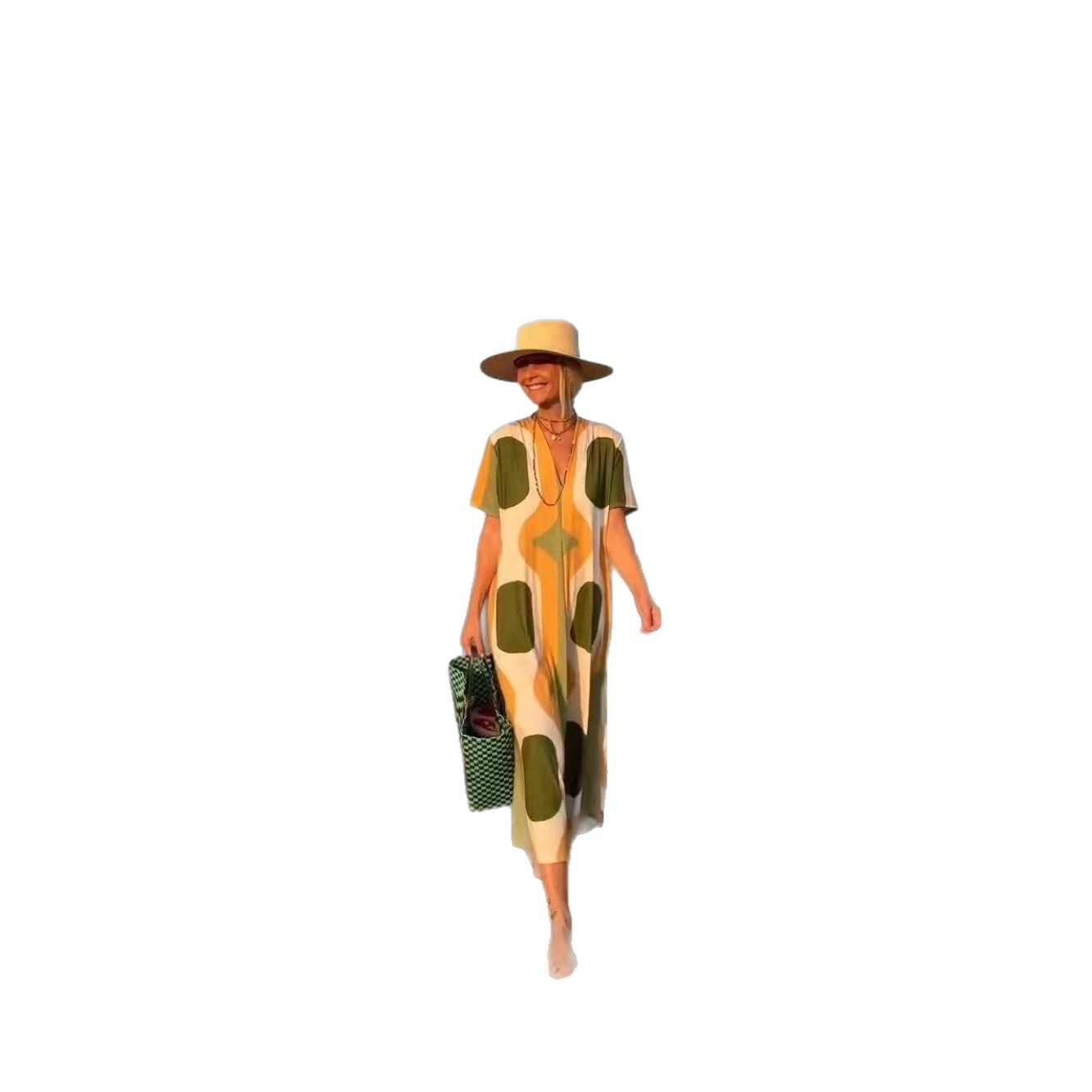 Women's V-Neck A-Line Midi Dress Loose Fit Vacation Style