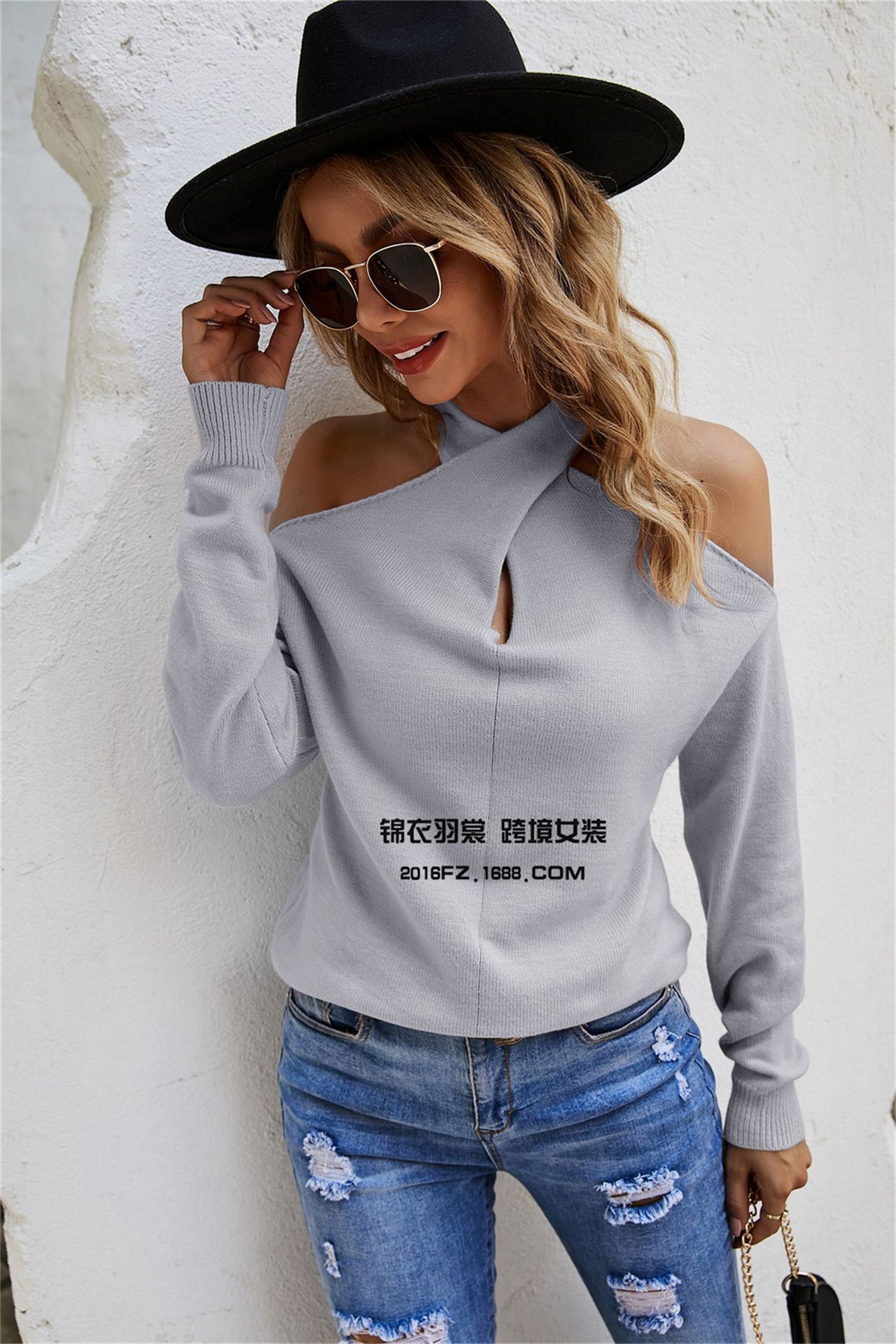 Women's Plus Size V-Neck Off-Shoulder Cross Knit Sweater
