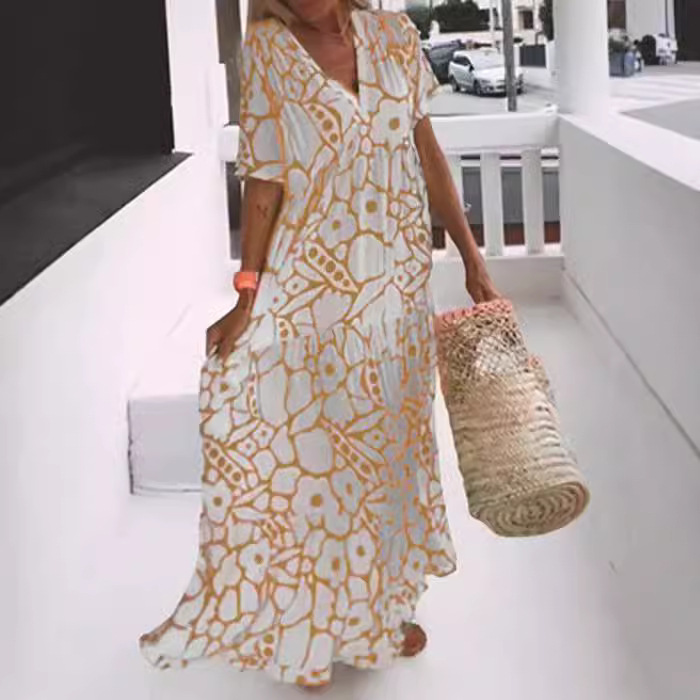 Women's Summer Printed Short Sleeve Deep V-Neck Long Dress