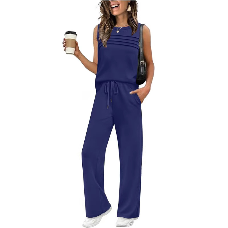 Women's Textured Sleeveless Vest & Wide-Leg Pants Set with Drawstring Pockets