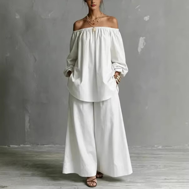 Women's Off-Shoulder Long-Sleeve Top and Wide-Leg Pants Set