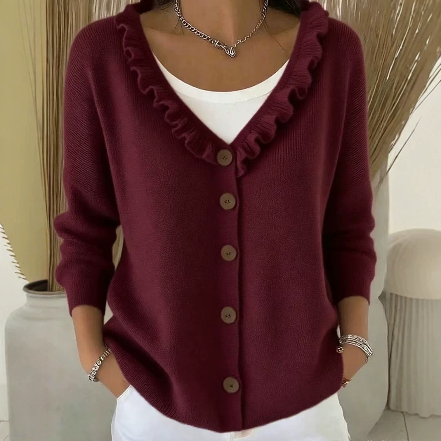 Ruffled Knit Cardigan Single-Breasted Loose Fit Sweater Coat for Women