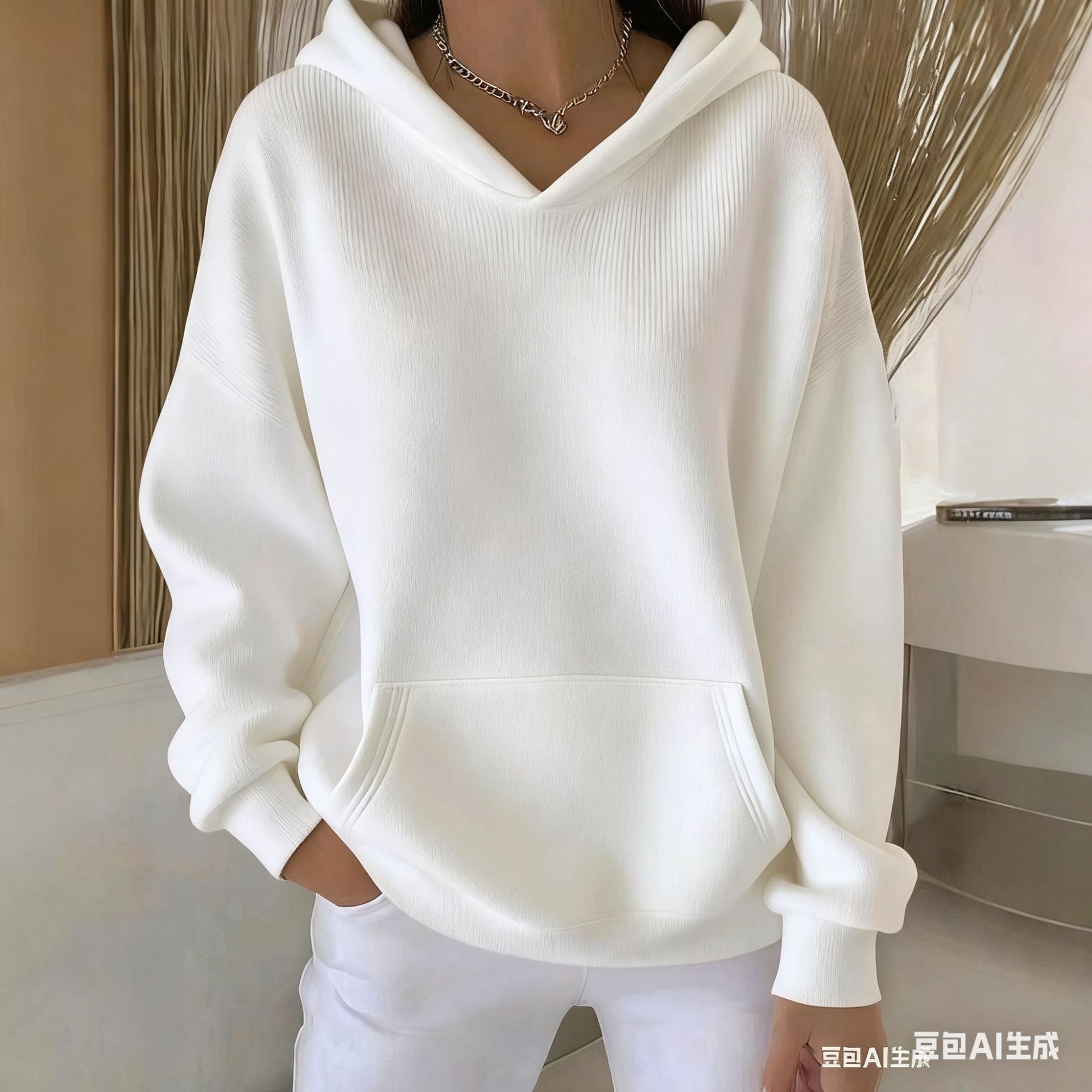 Women's Minimalist Solid Color Chunky Rib Knit Print Hoodie