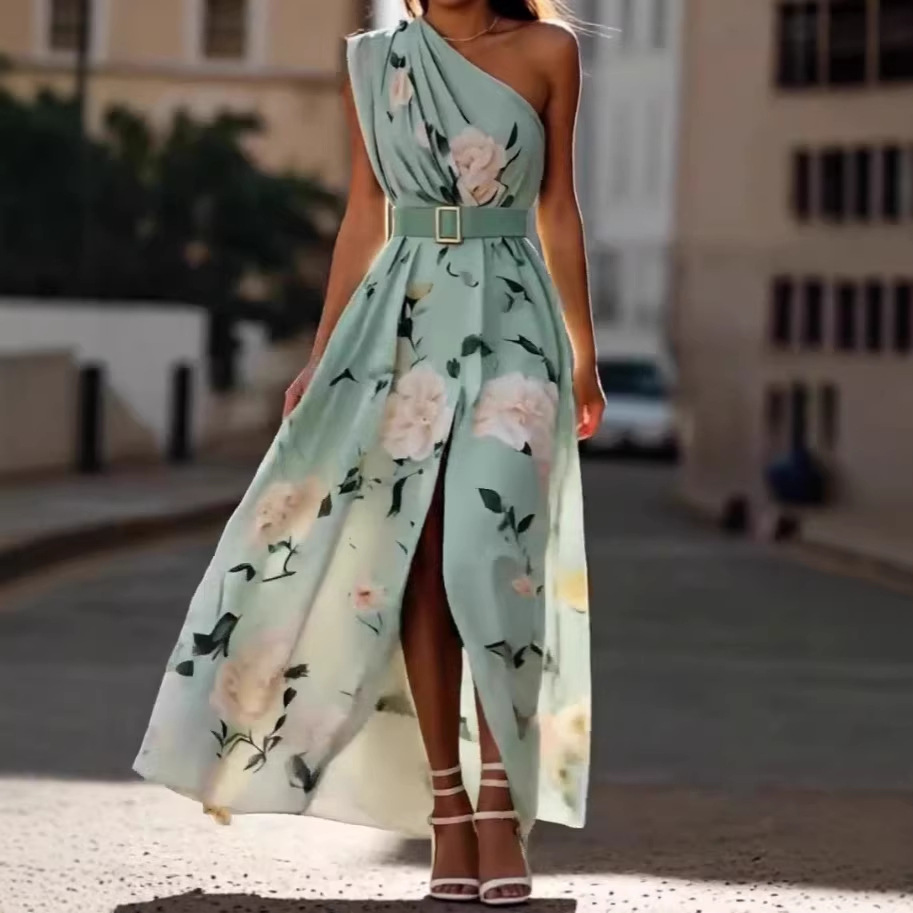 One-Shoulder Digital Print Sleeveless Maxi Dress with Belt