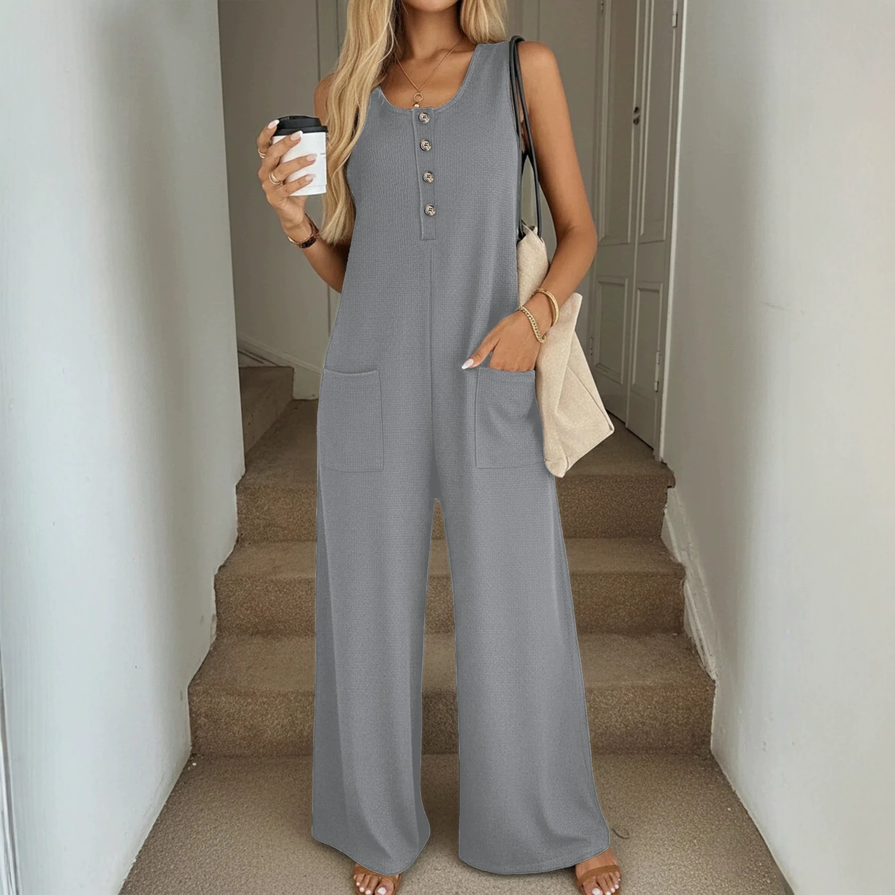 Women's Solid Color Loose Wide-Leg Sleeveless Jumpsuit with Pockets