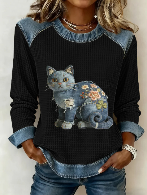 Women's Leopard Print Crewneck Sweatshirt Waffle Knit Long Sleeve