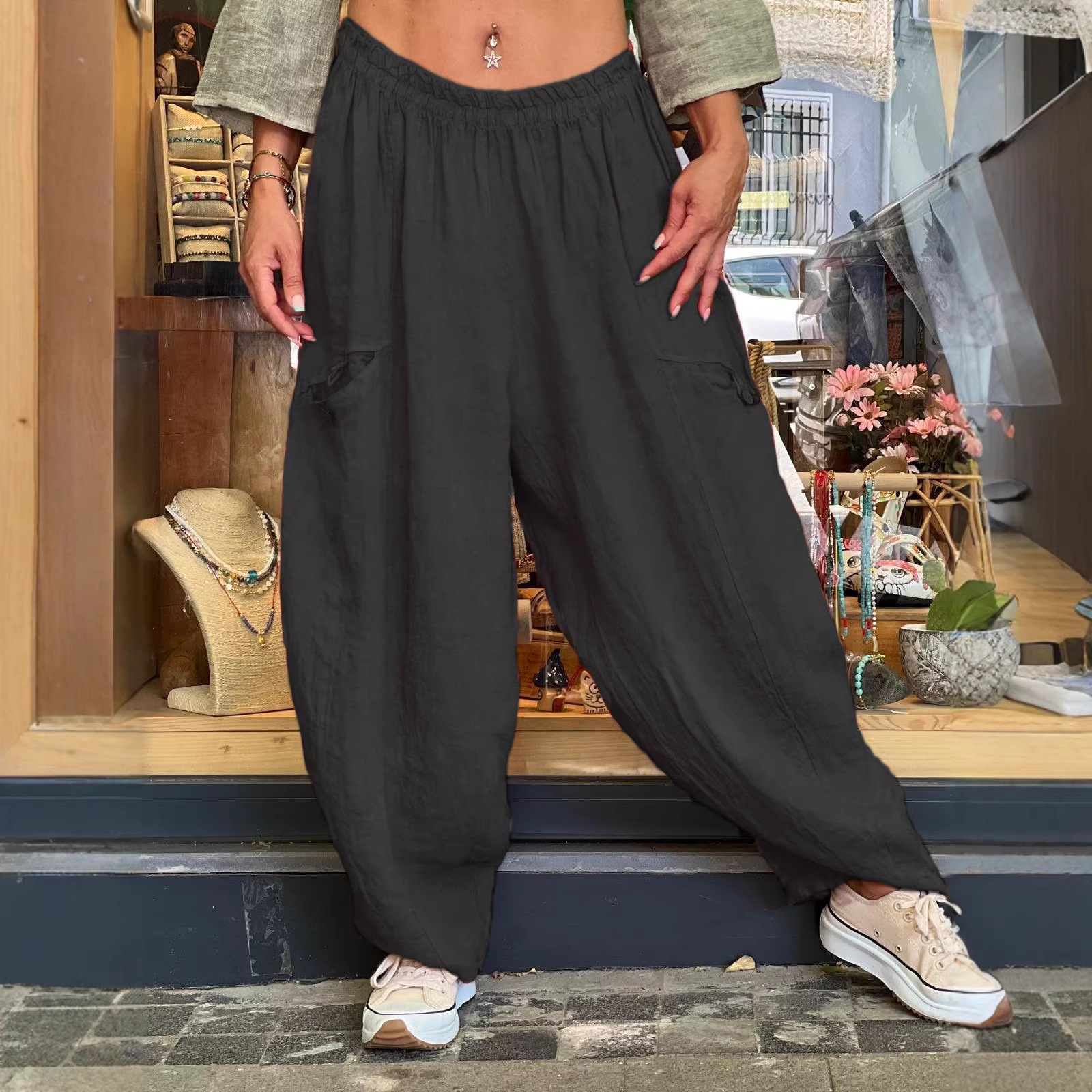 Women's Loose Wide-Leg Cotton-Linen Pants with Pockets Solid Color