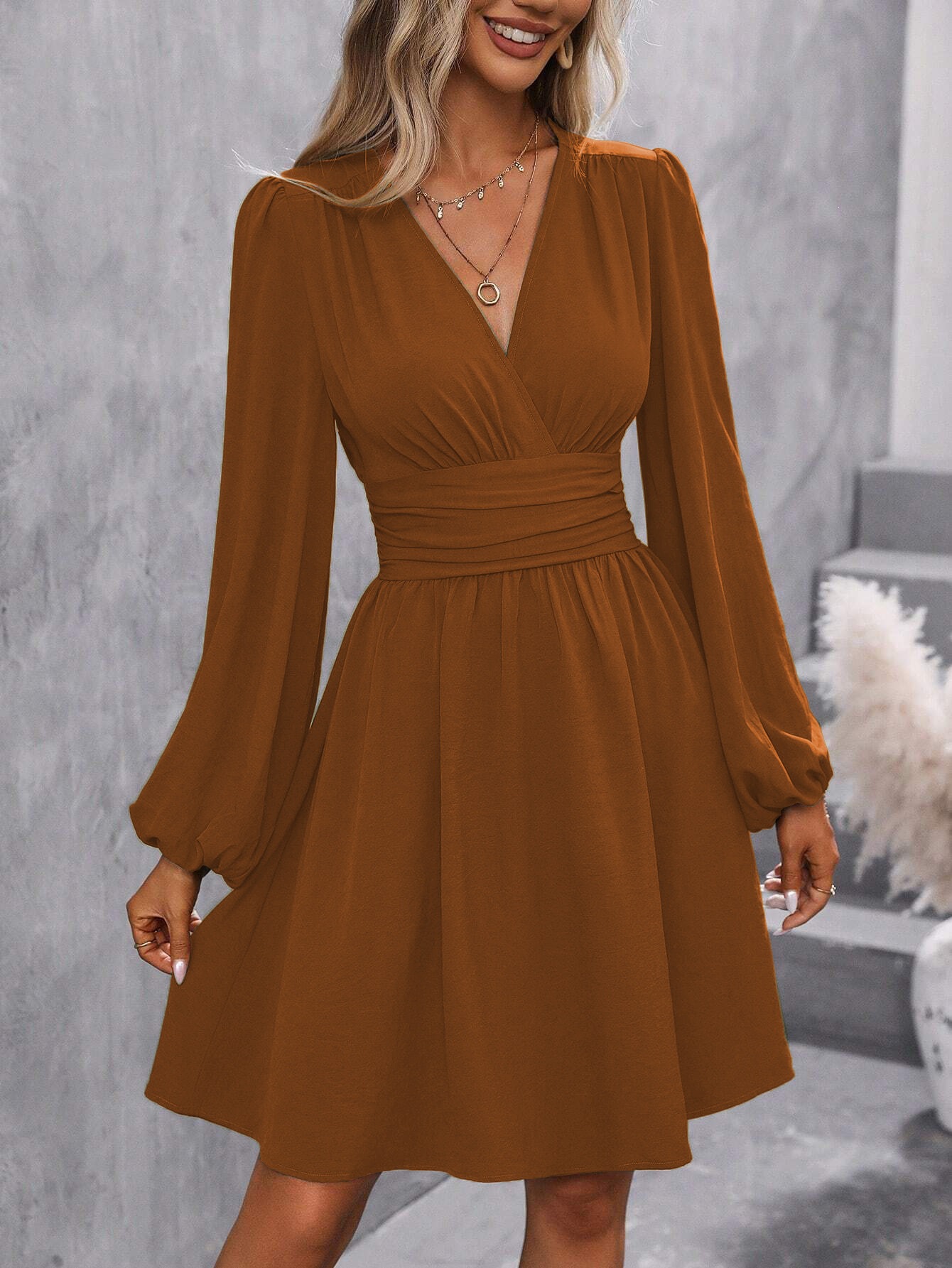 Asymmetric Collar Lantern Sleeve Ruched Waist A-Line Dress