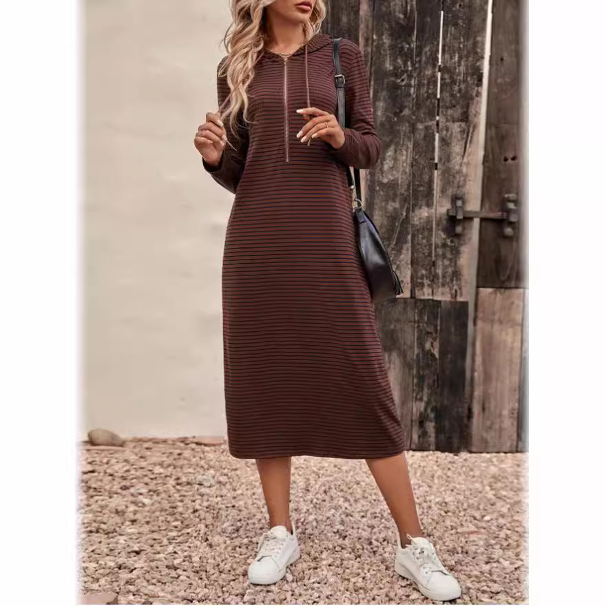 Striped Hooded V-Neck Long Sleeve Bodycon Midi Dress