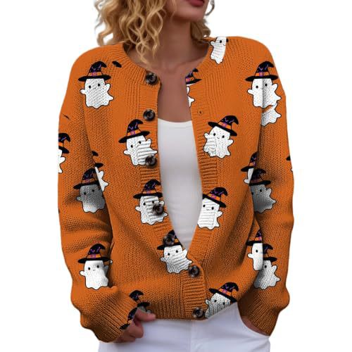 Halloween Pumpkin Castle Print Faux Knit Cardigan for Women