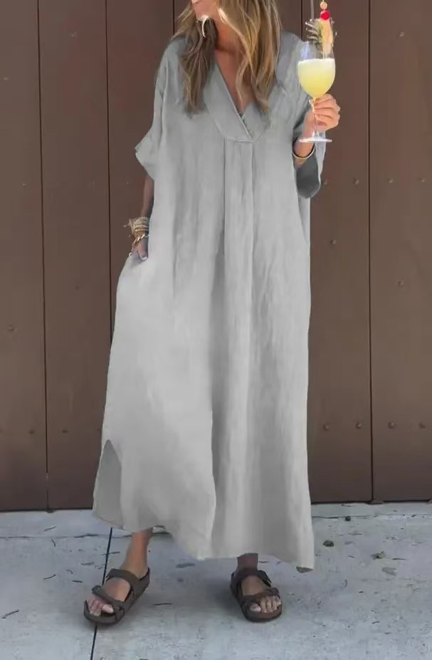 Washed Cotton V-Neck Short Sleeve Midi Dress Casual