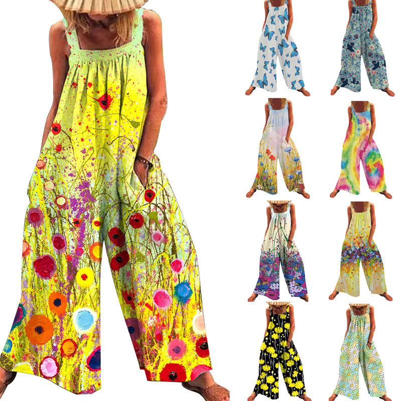 Plus Size Floral Print Loose Wide-Leg Jumpsuit with Straps