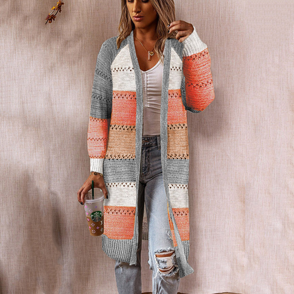 Color-Block Knit Long Cardigan Sweater Wrap