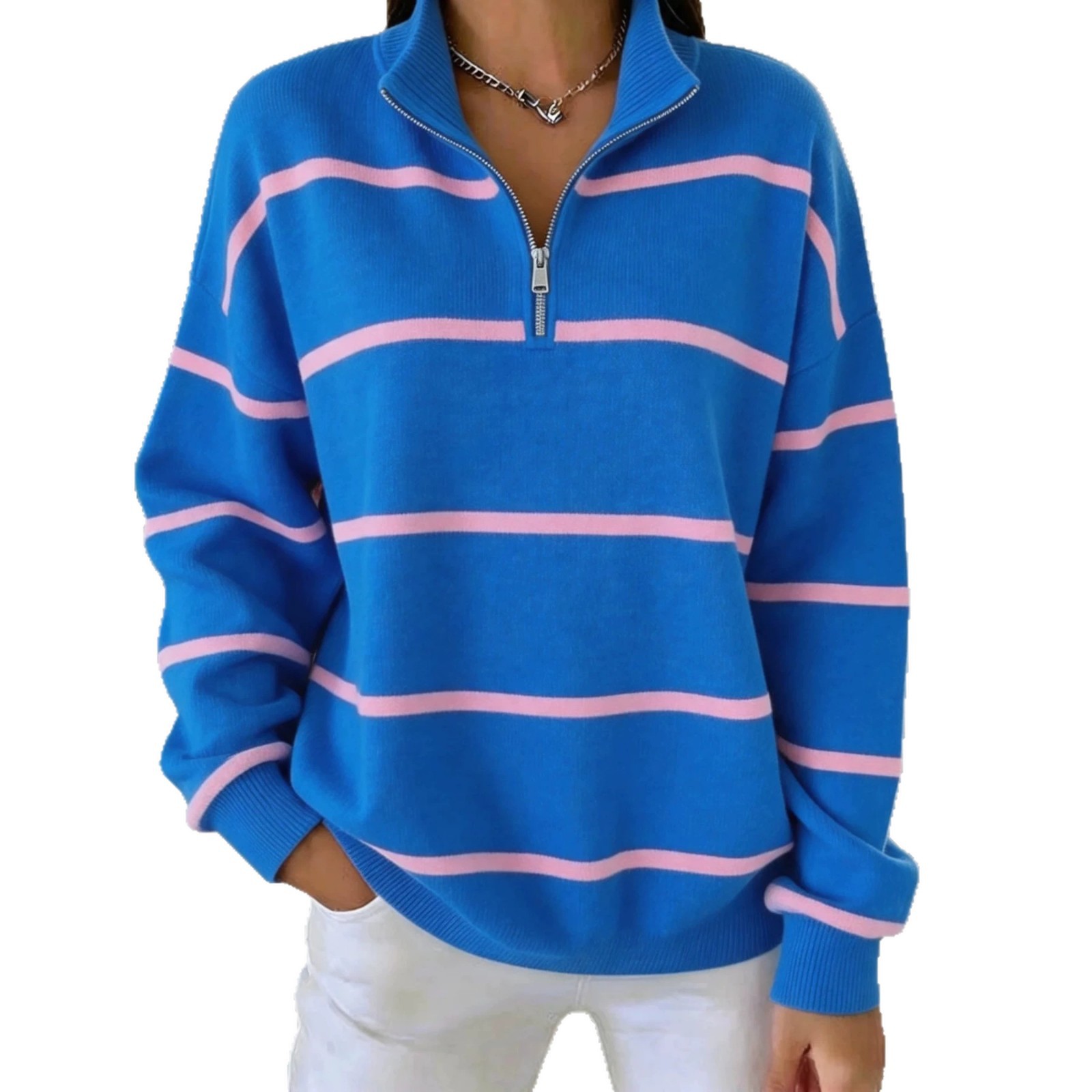 Striped Print Half-Zip Stand Collar Hoodie