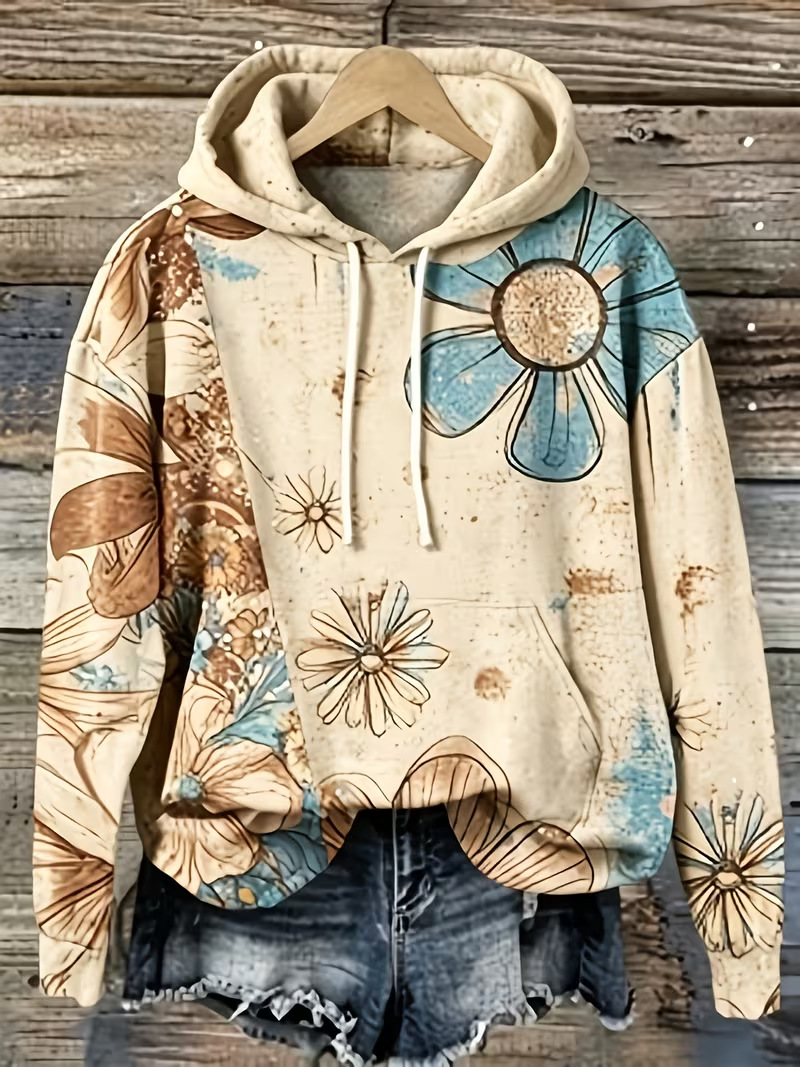Floral Petal Print Women's Casual Hoodie