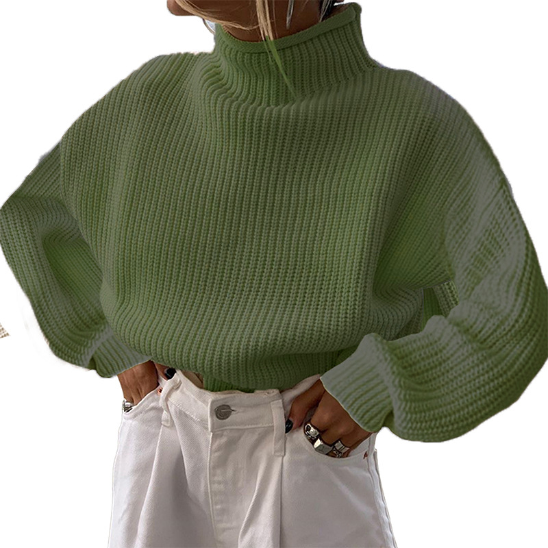Women's Mock Neck Knit Sweater Solid Color Loose Casual Pullover