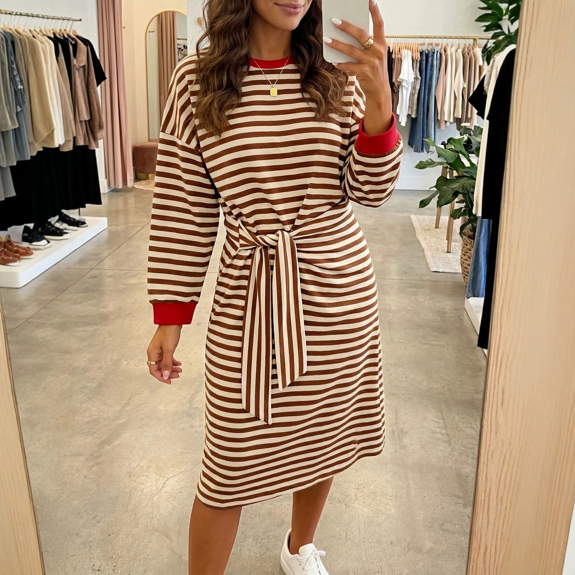 Striped Patchwork Long Sleeve Tie-Waist Loose Casual Dress