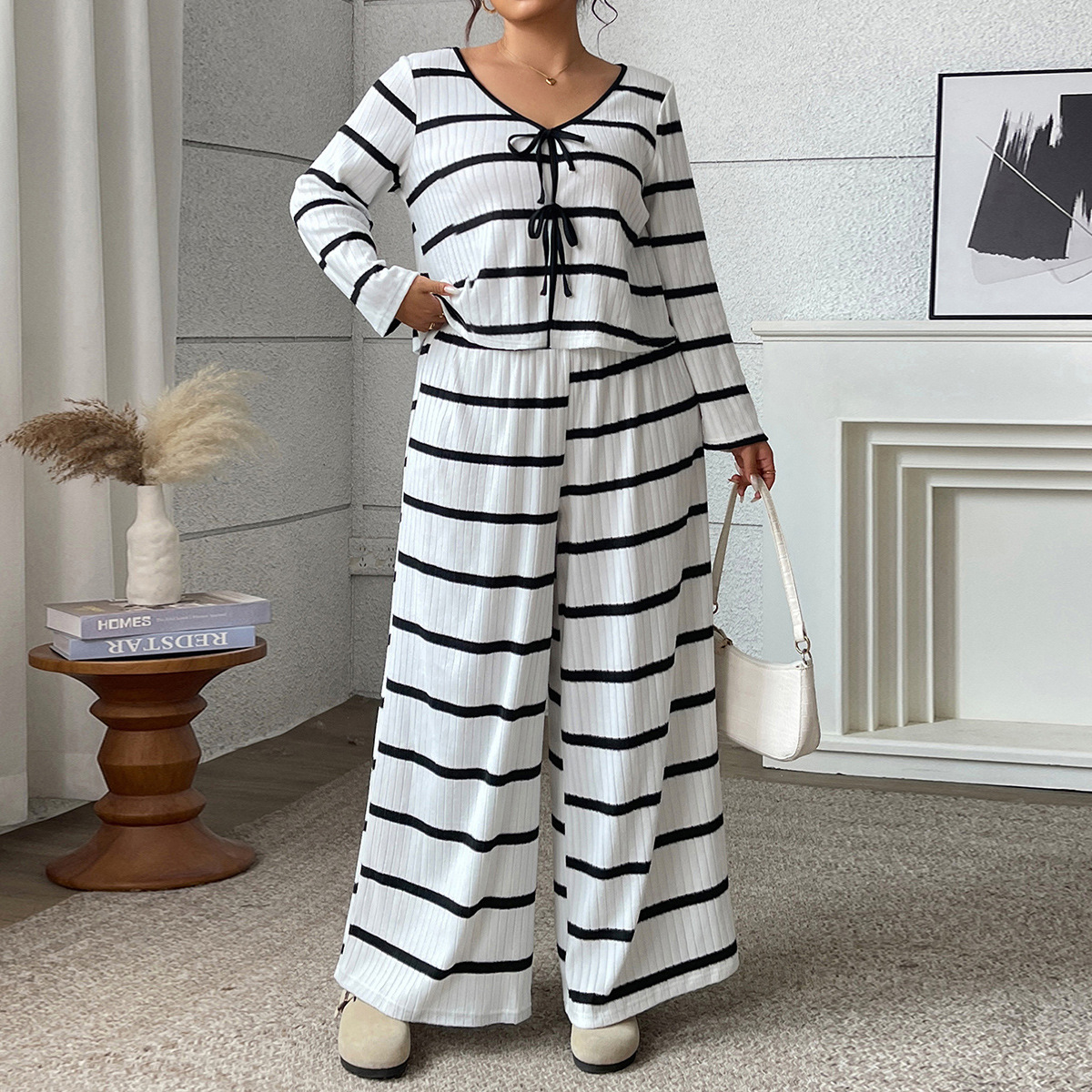 Striped Tie-Front Long-Sleeve Top and Wide-Leg Pants Set