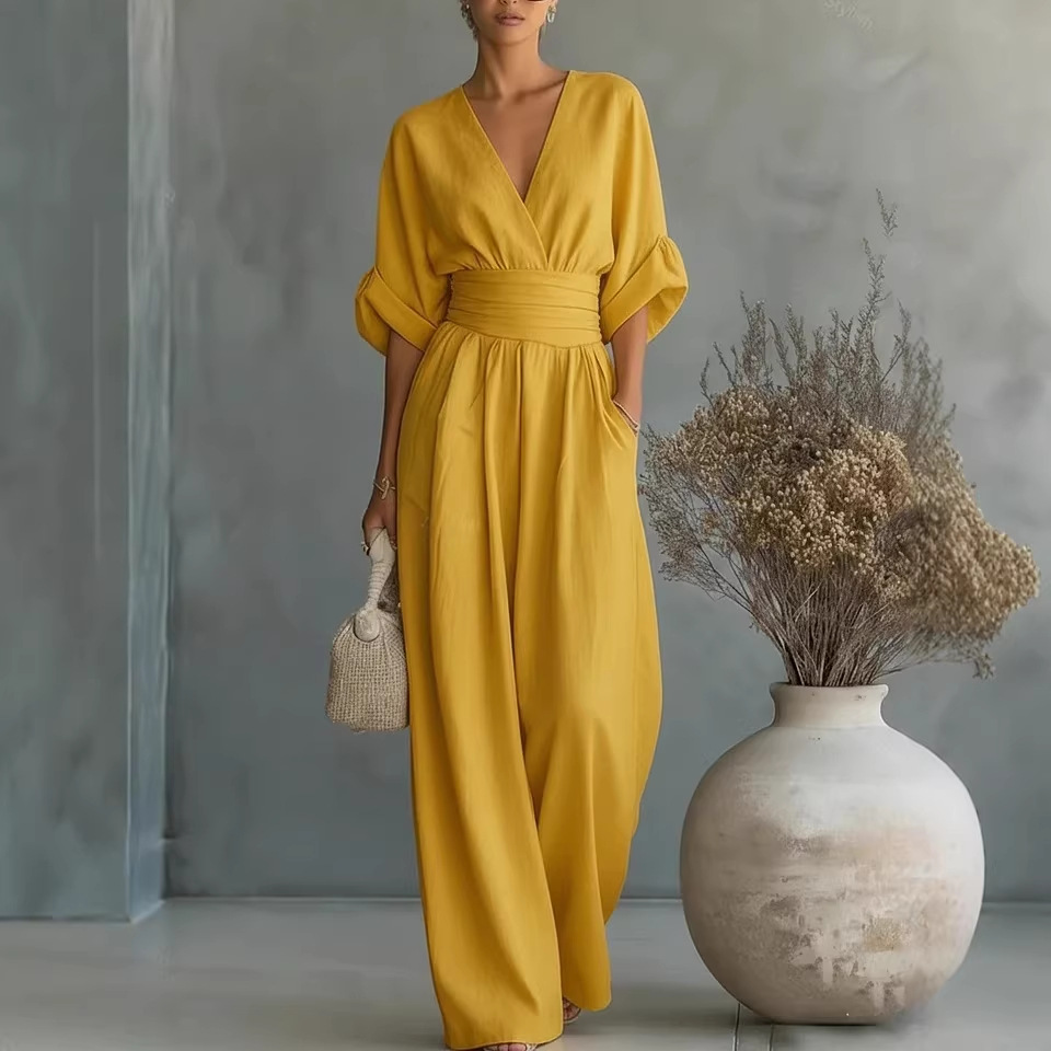 Elegant V-Neck Cinched Waist Wide-Leg Jumpsuit