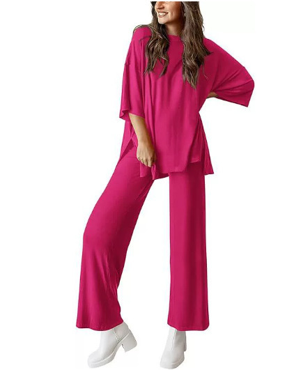 Women's Casual Two-Piece Set Short Sleeve Top & Wide-Leg Pants