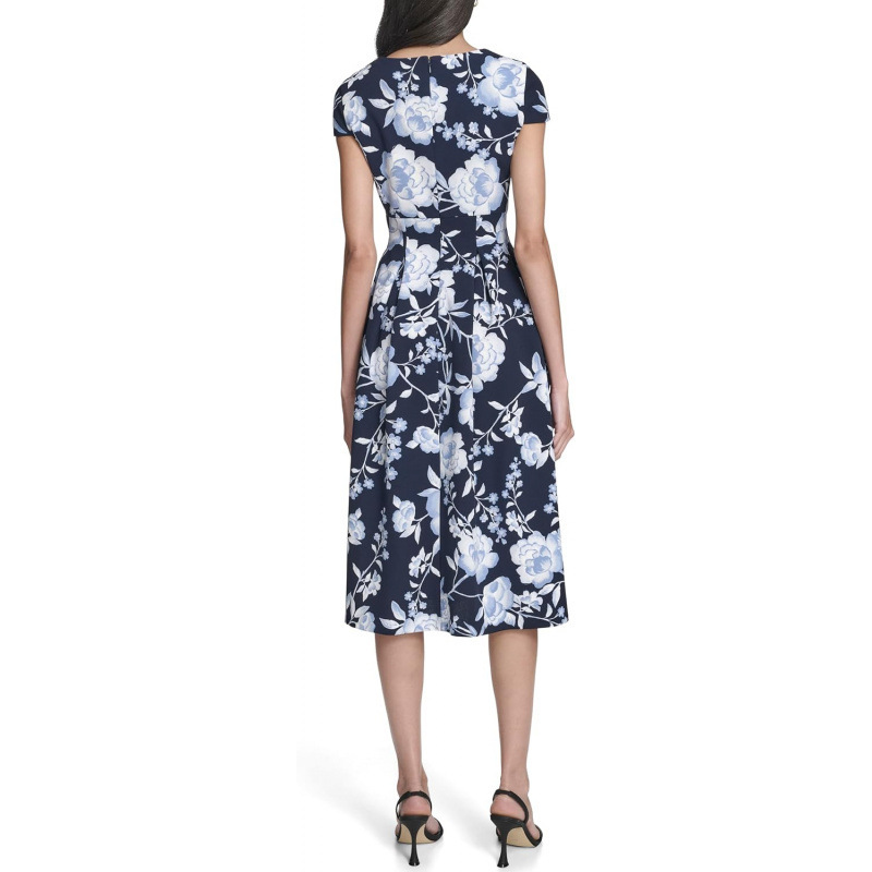 Floral Print Short Sleeve Midi Dress Square Neck A-Line