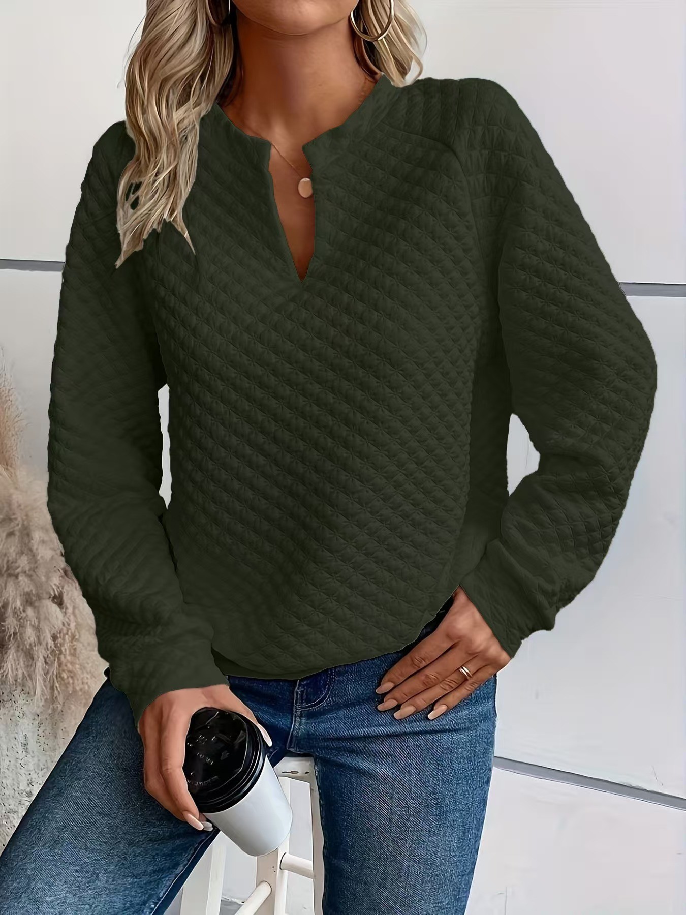 Women's Solid Color Deep V-Neck Long Sleeve Casual Sweatshirt