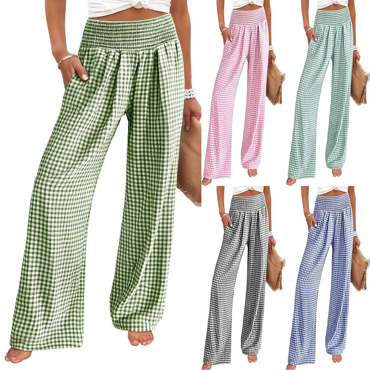 Plaid Wide-Leg Casual Pants with Elastic Waist