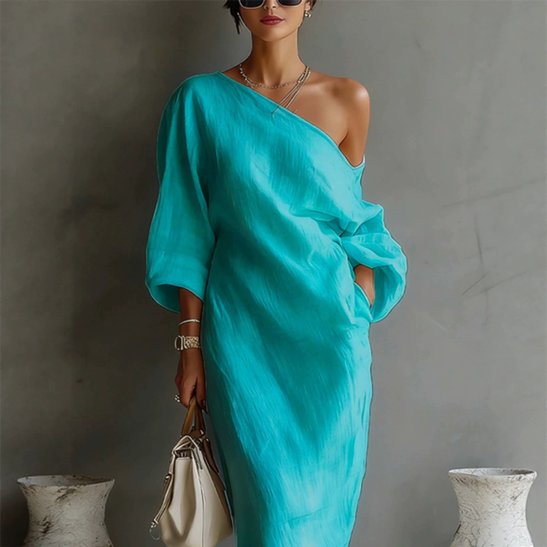 Women's Cotton Linen Asymmetric Long Dress Casual Loose H-Line