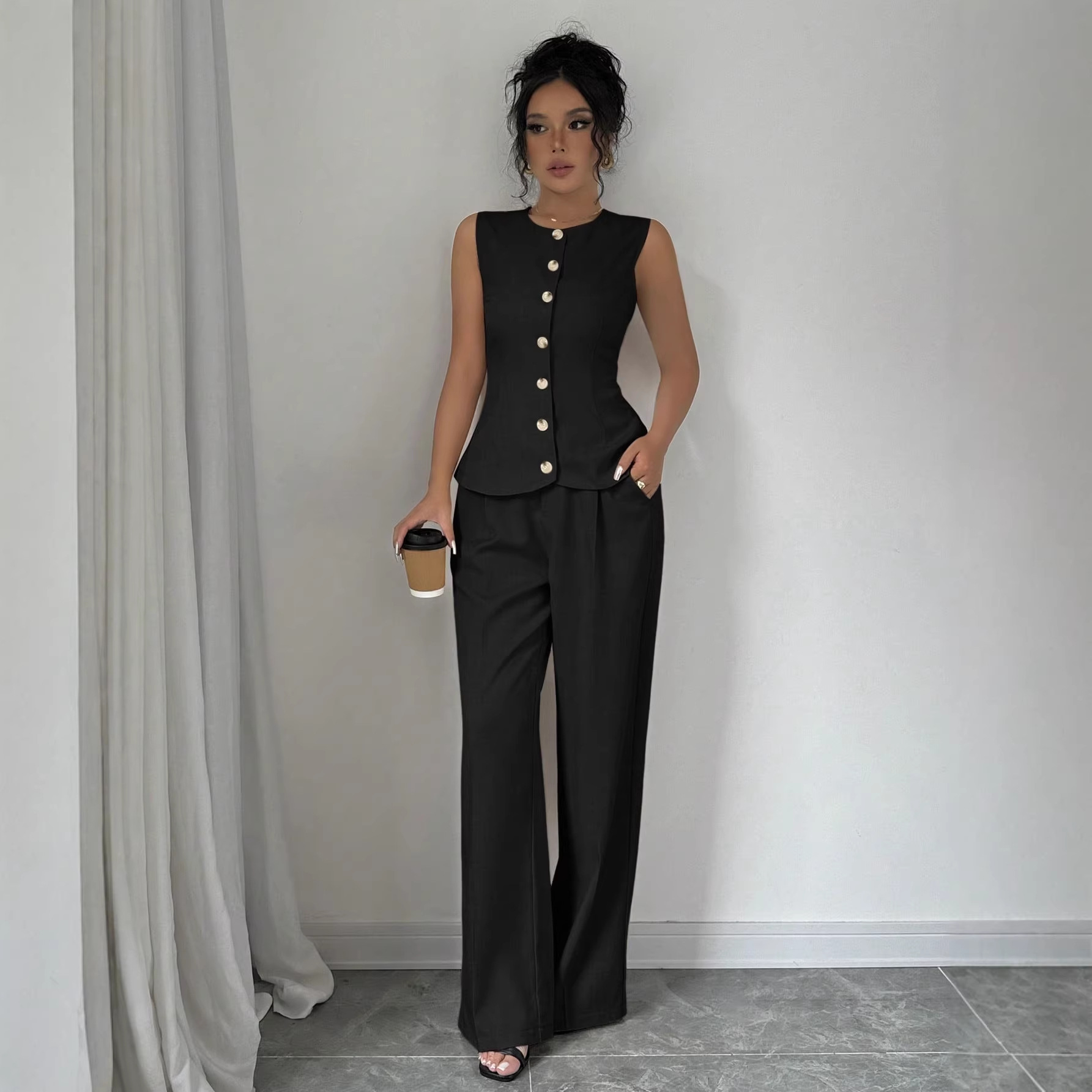 Women's Sleeveless Vest and Wide-Leg Pants Set Solid Color Commuter Two-Piece