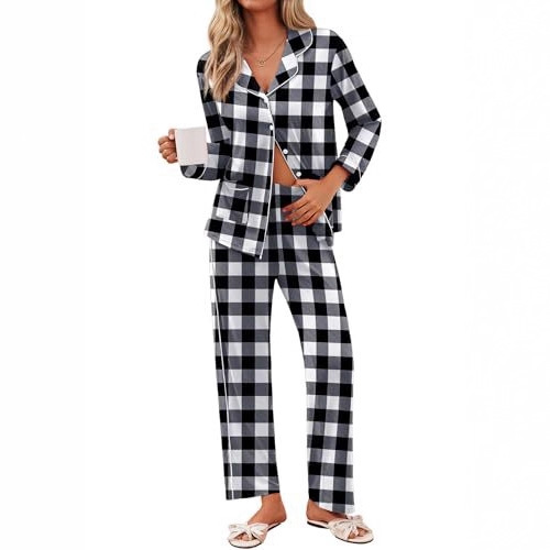 Women's Cuban Collar Plaid Skull Print Long Sleeve Top Set